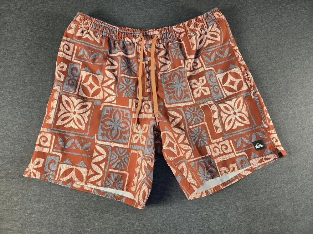 Quiksilver Shorts Mens Large Orange Waterman Swim Trunks Hawaiian Lined Tropical